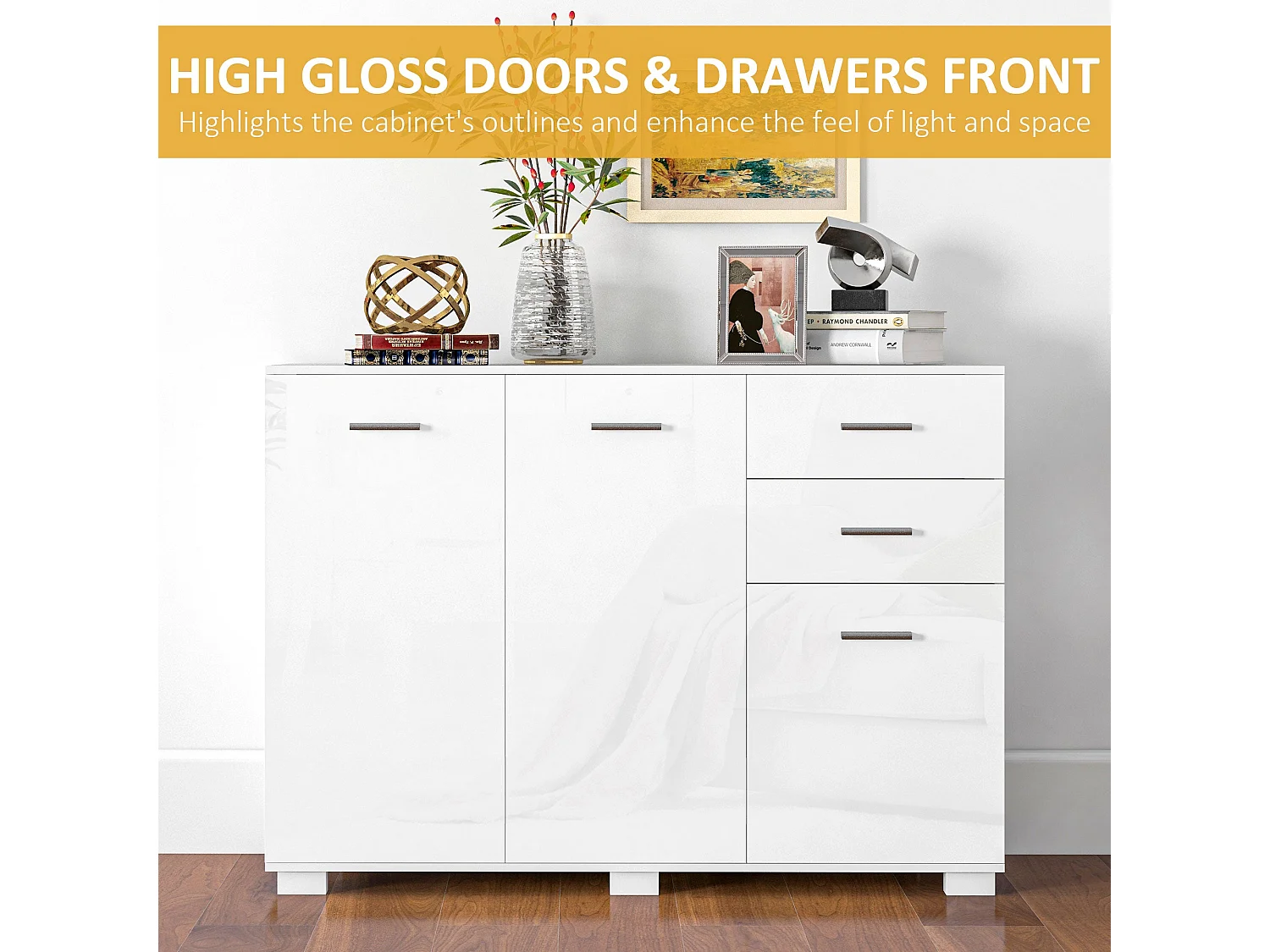 Bami High Gloss White Sideboard 2 Drawers 3 Doors Adjustable Shelf