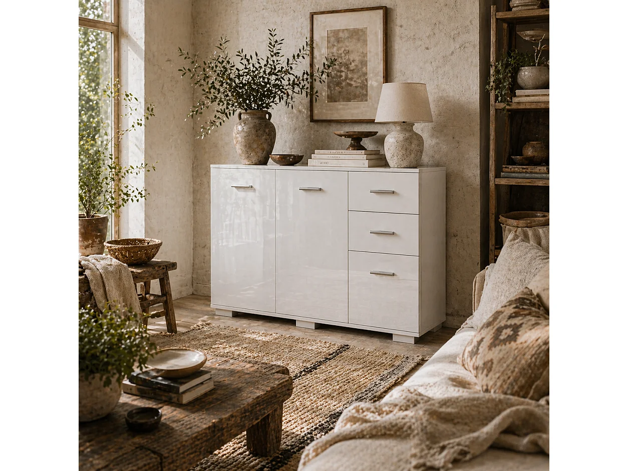 Bami High Gloss White Sideboard 2 Drawers 3 Doors Adjustable Shelf