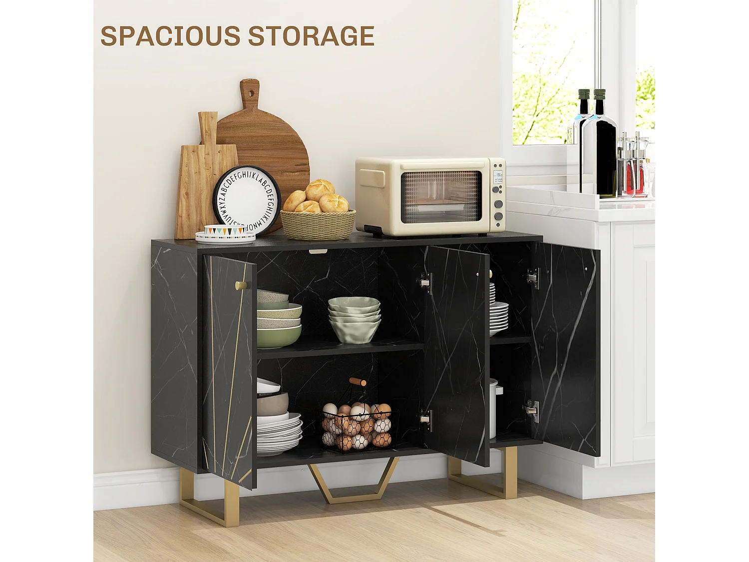Suno Black Marble Effect Sideboard with Gold Metal Legs 3 Doors