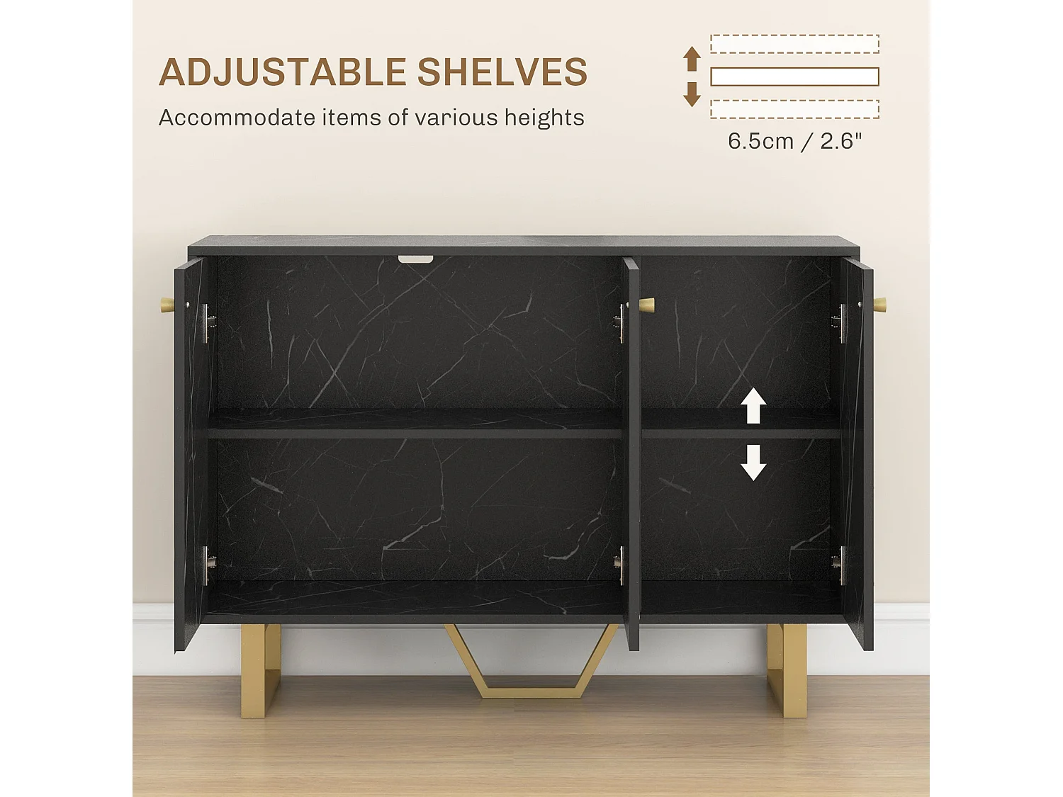 Suno Black Marble Effect Sideboard with Gold Metal Legs 3 Doors