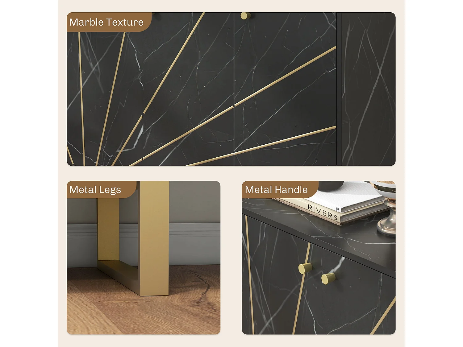 Suno Black Marble Effect Sideboard with Gold Metal Legs 3 Doors