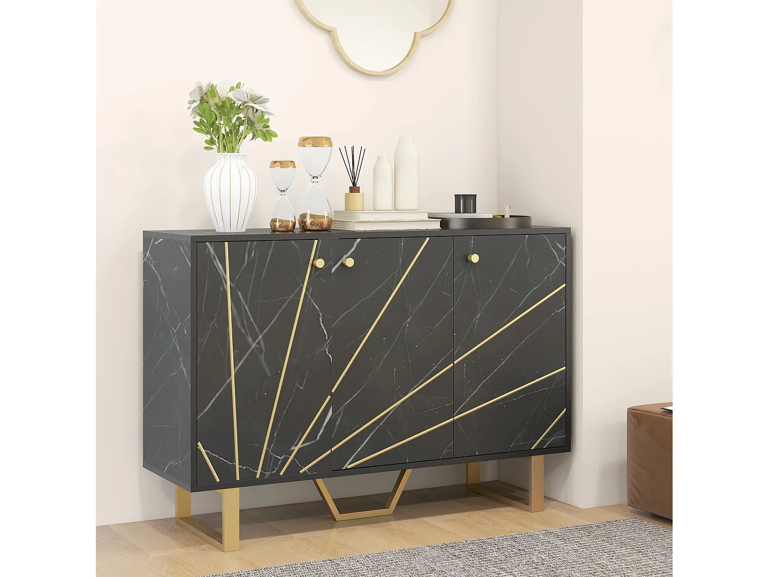 Suno Black Marble Effect Sideboard with Gold Metal Legs 3 Doors