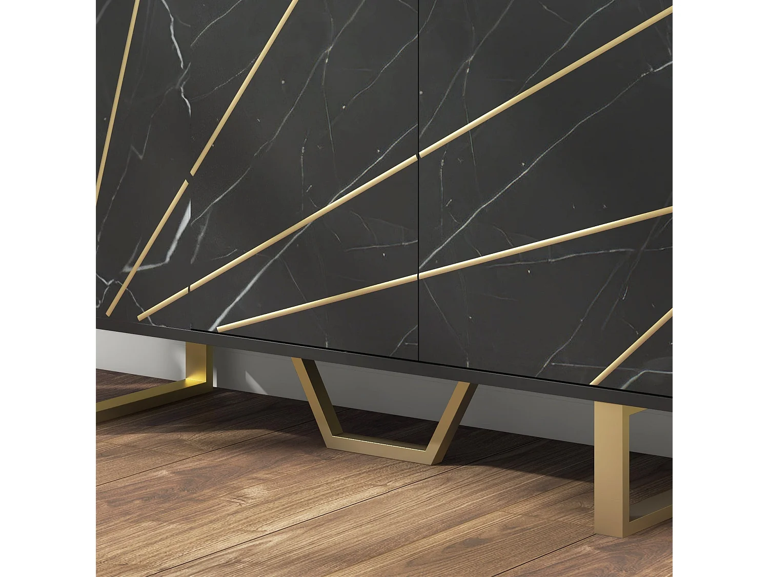 Suno Black Marble Effect Sideboard with Gold Metal Legs 3 Doors