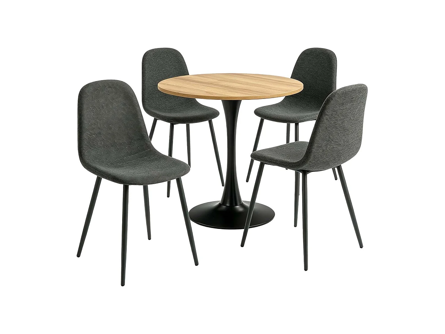 CLIFTOCHARLTON - Table à manger ronde de 80 cm en imitation chêne et pieds métal noirs avec 4 chaises en tissu gris foncé