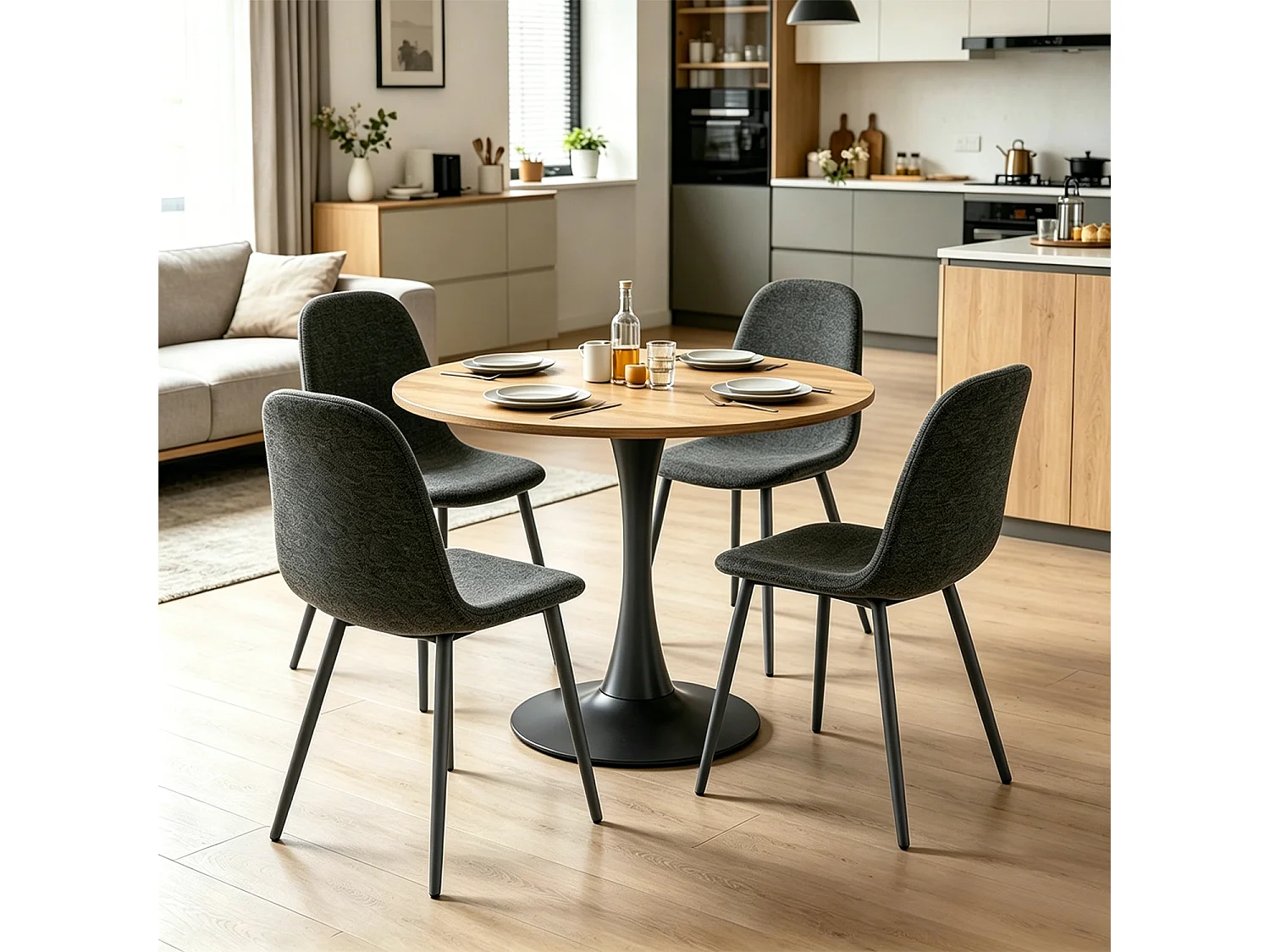 CLIFTOCHARLTON - Table à manger ronde de 80 cm en imitation chêne et pieds métal noirs avec 4 chaises en tissu gris foncé