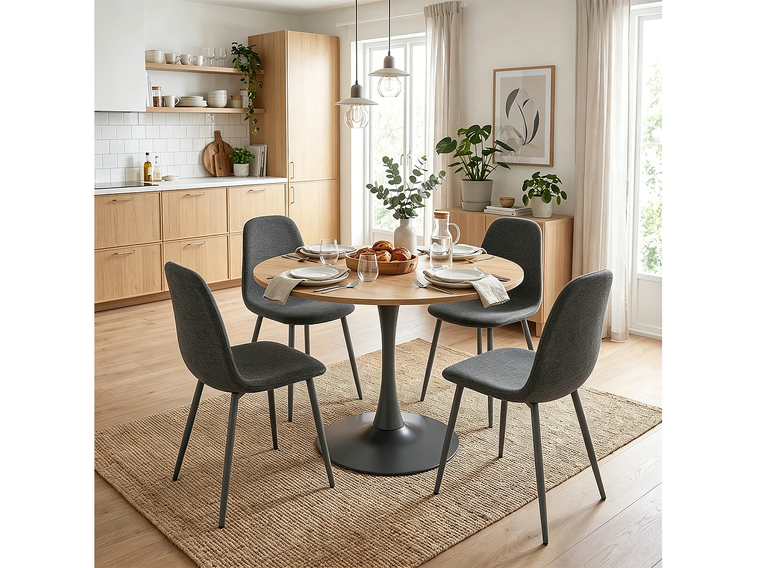 CLIFTOCHARLTON - Table à manger ronde de 80 cm en imitation chêne et pieds métal noirs avec 4 chaises en tissu gris foncé