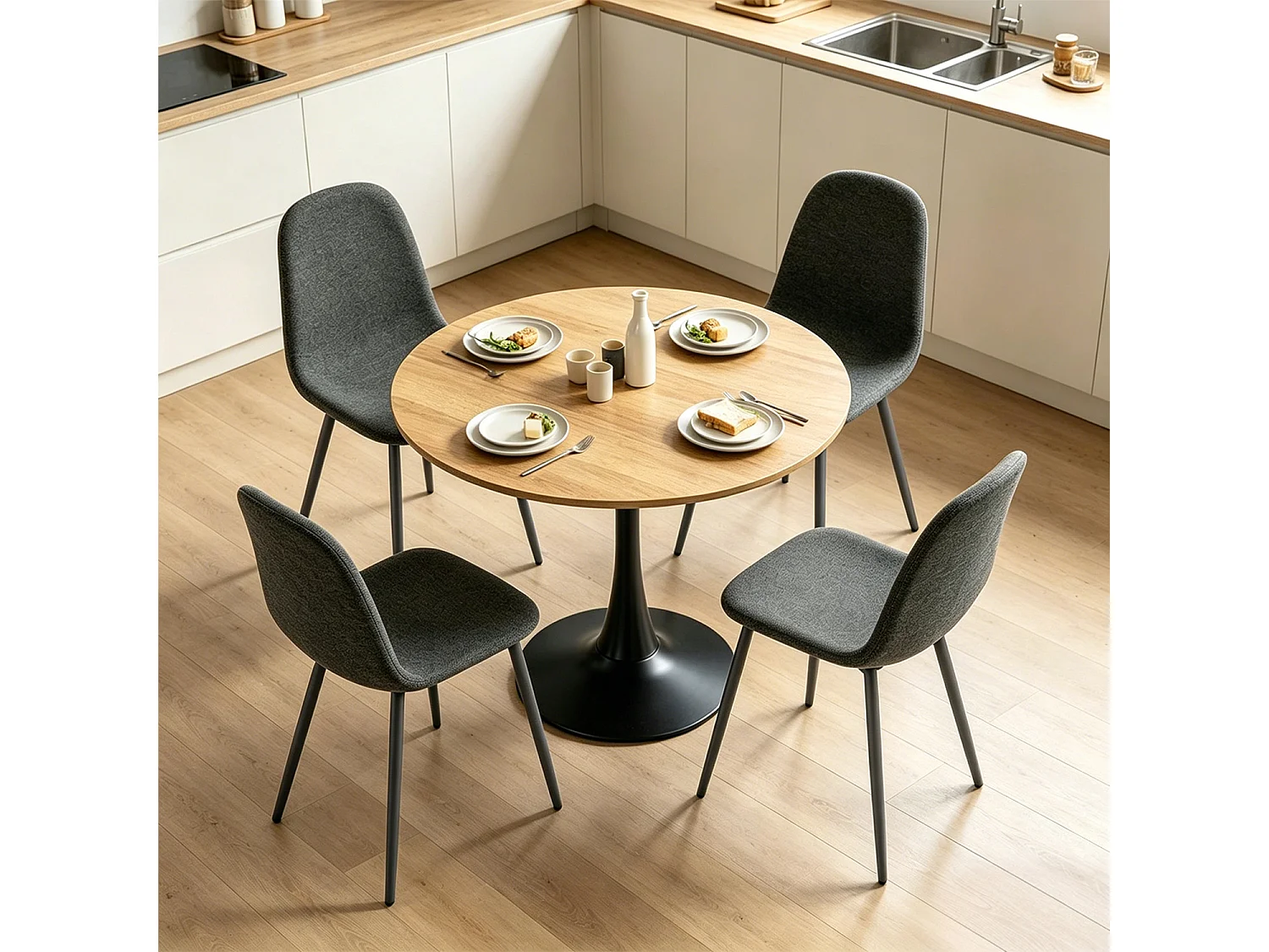 CLIFTOCHARLTON - Table à manger ronde de 80 cm en imitation chêne et pieds métal noirs avec 4 chaises en tissu gris foncé