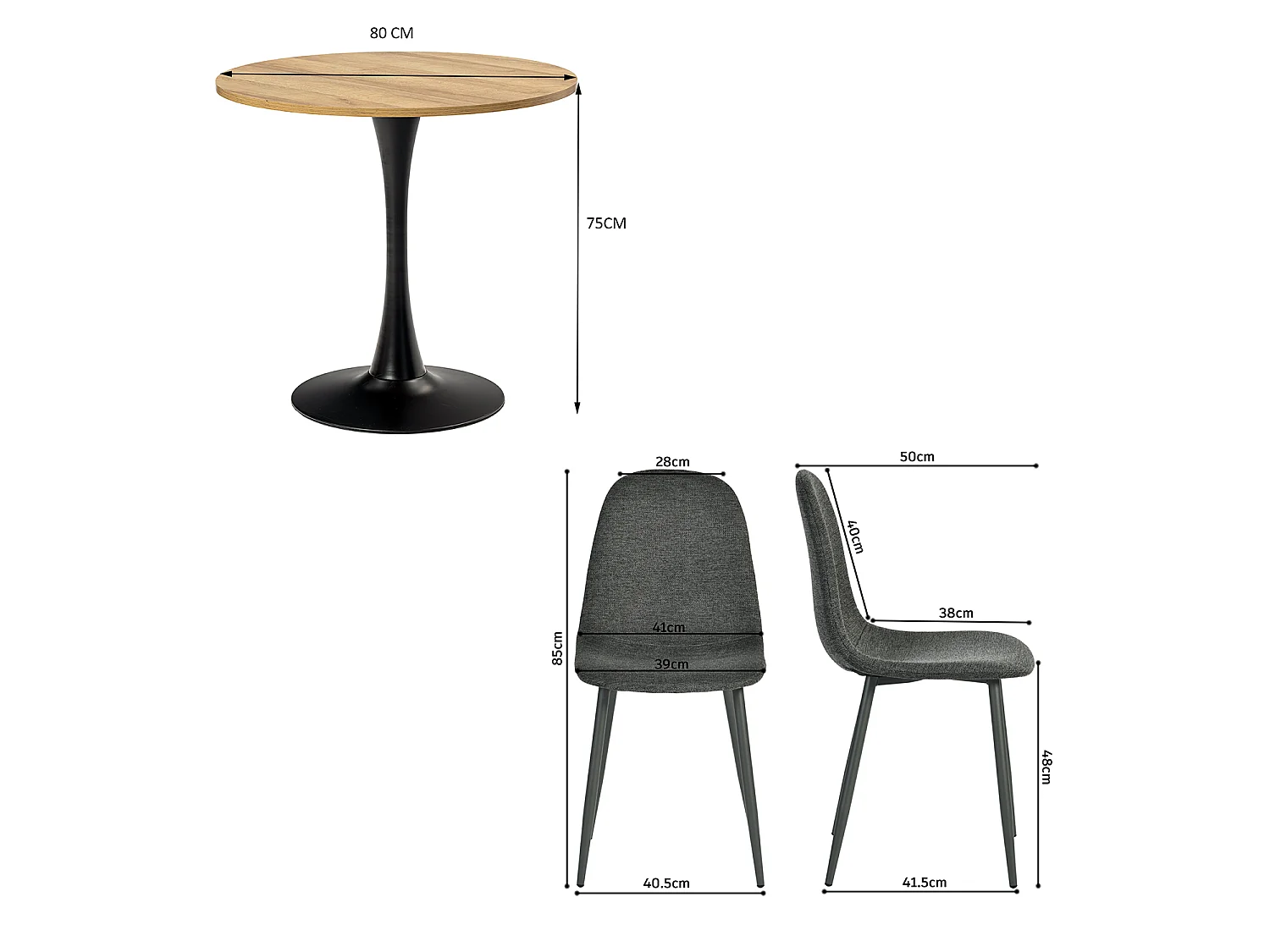 CLIFTOCHARLTON - Table à manger ronde de 80 cm en imitation chêne et pieds métal noirs avec 4 chaises en tissu gris foncé