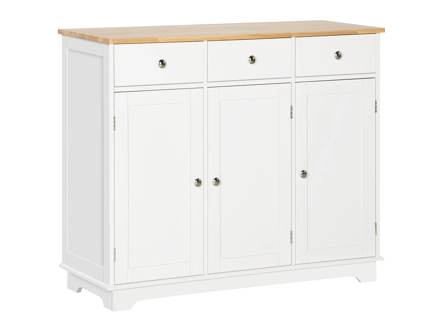 Totoro White Sideboard with Natural Rubberwood Top 3 Doors 3 Drawers 3 Adjustable Shelves
