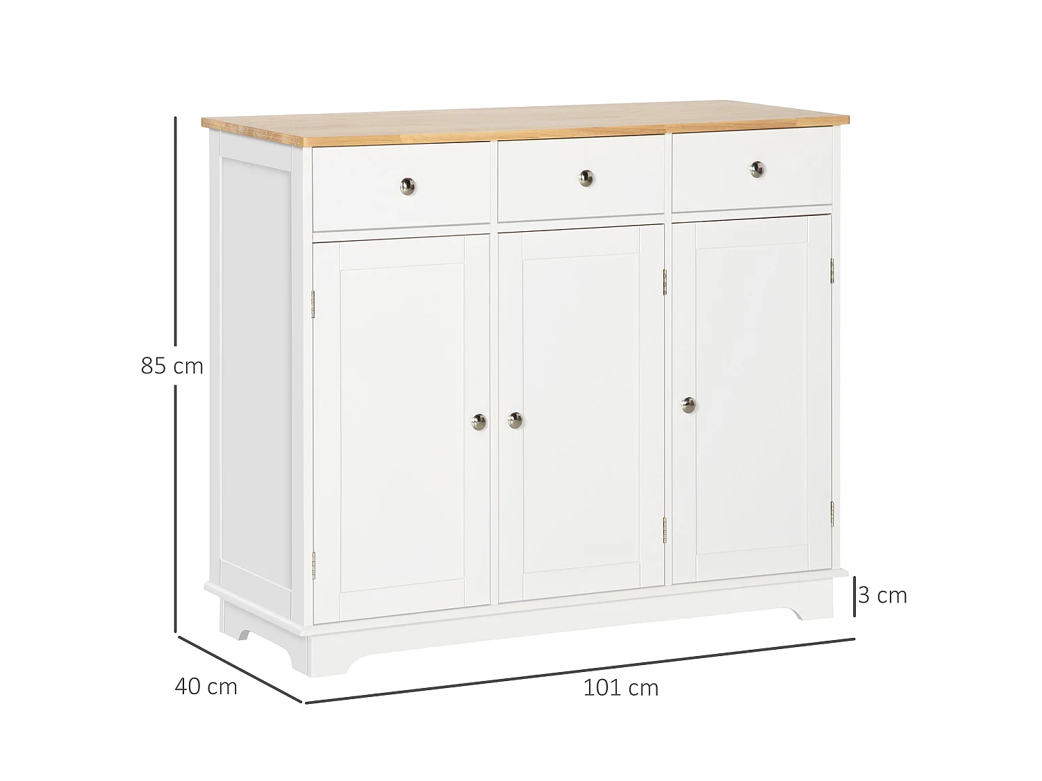 Totoro White Sideboard with Natural Rubberwood Top 3 Doors 3 Drawers 3 Adjustable Shelves