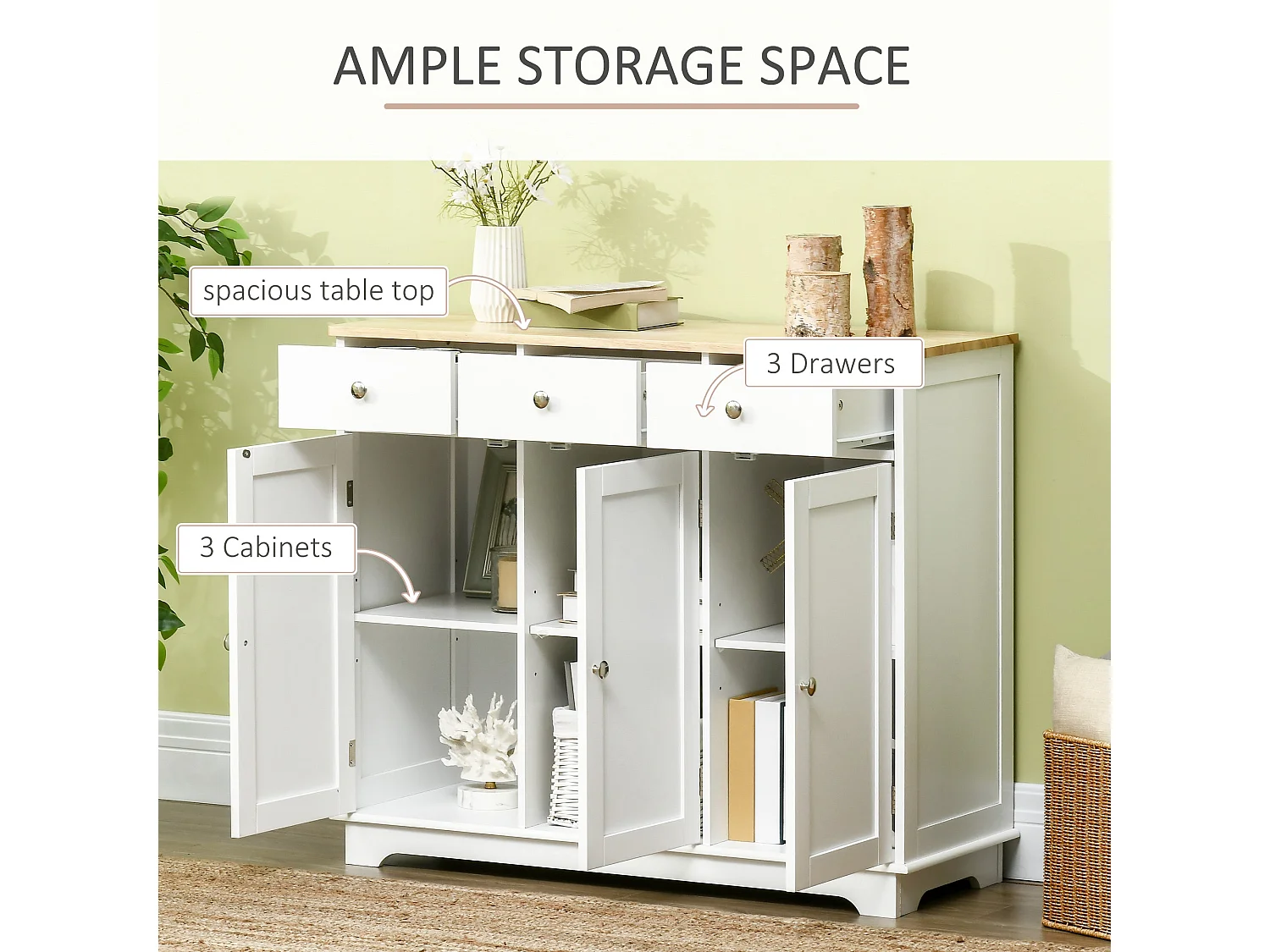 Totoro White Sideboard with Natural Rubberwood Top 3 Doors 3 Drawers 3 Adjustable Shelves