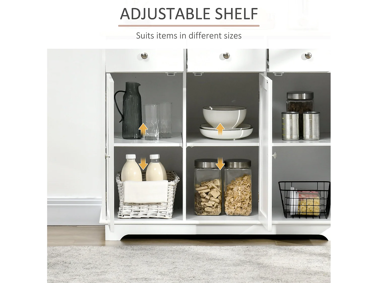 Totoro White Sideboard with Natural Rubberwood Top 3 Doors 3 Drawers 3 Adjustable Shelves