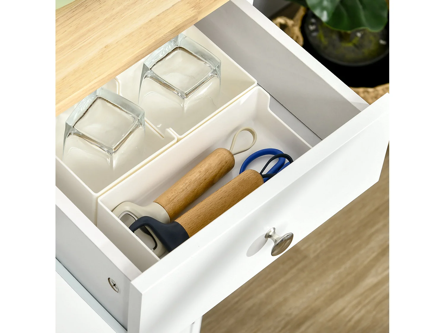 Totoro White Sideboard with Natural Rubberwood Top 3 Doors 3 Drawers 3 Adjustable Shelves