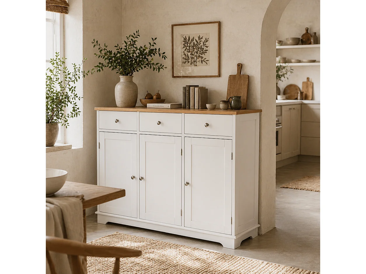 Totoro White Sideboard with Natural Rubberwood Top 3 Doors 3 Drawers 3 Adjustable Shelves