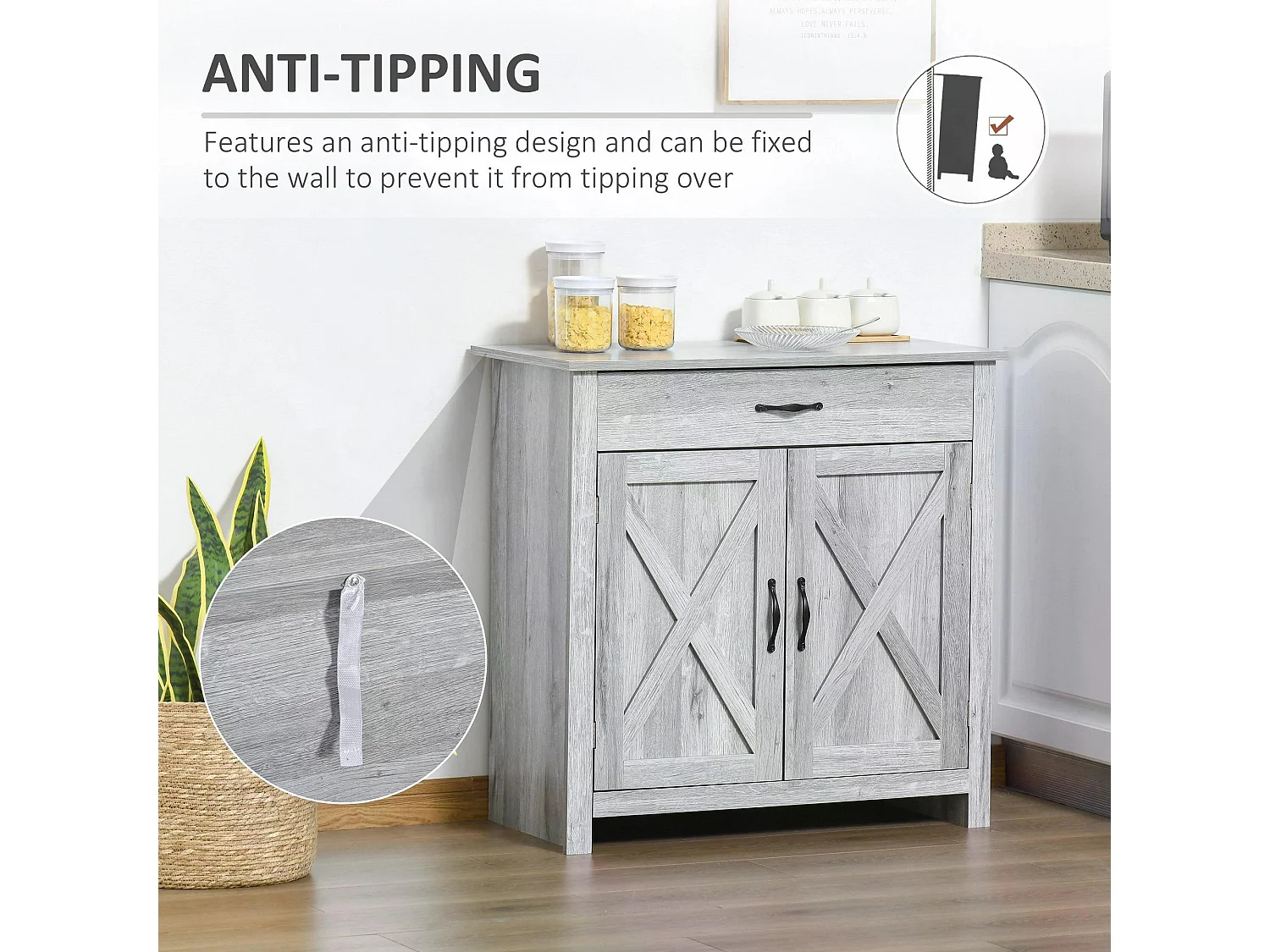 Toro Noyo Grey Grain Farmhouse Sideboard with Sliding Barn Doors
