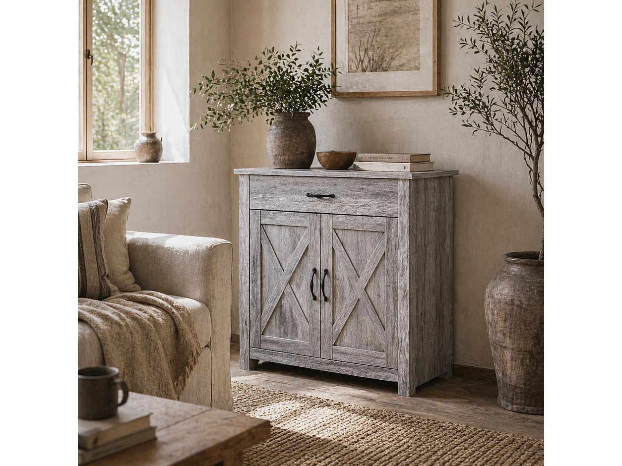 Toro Noyo Grey Grain Farmhouse Sideboard with Sliding Barn Doors