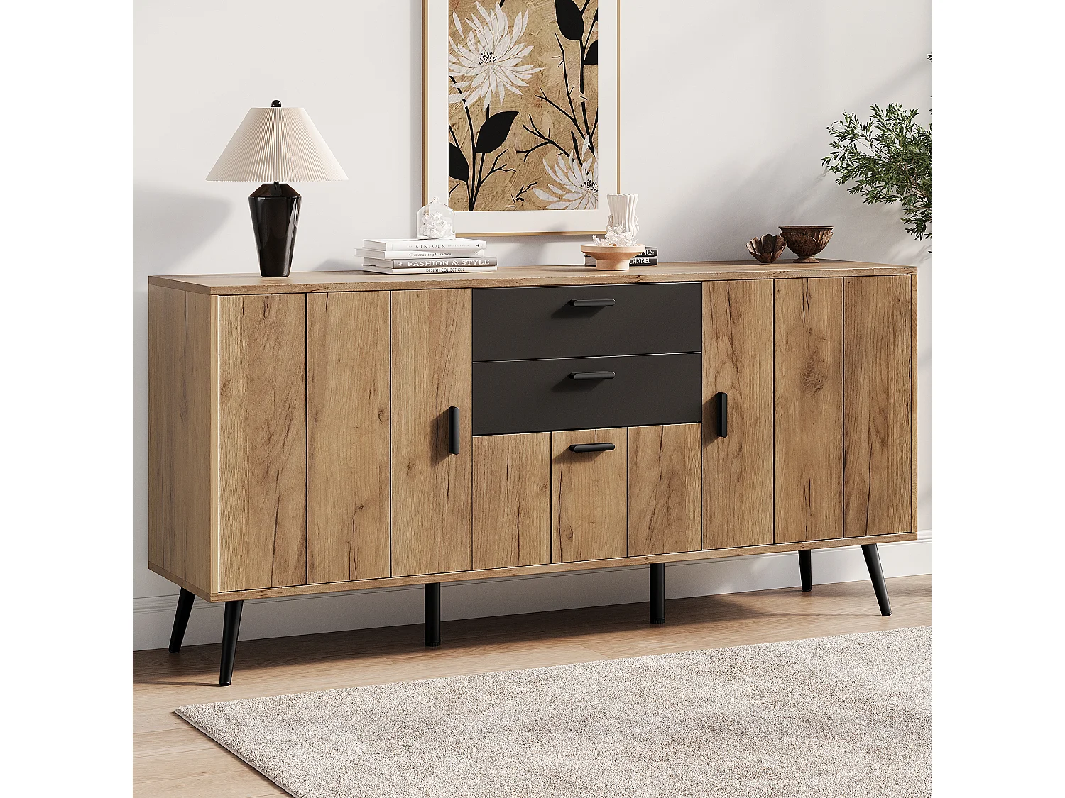 Buffet, Commode moderne 140 x 35 x 67 cm - Grand plateau - 2 tiroirs, 3 portes - MDF - Noir+naturel