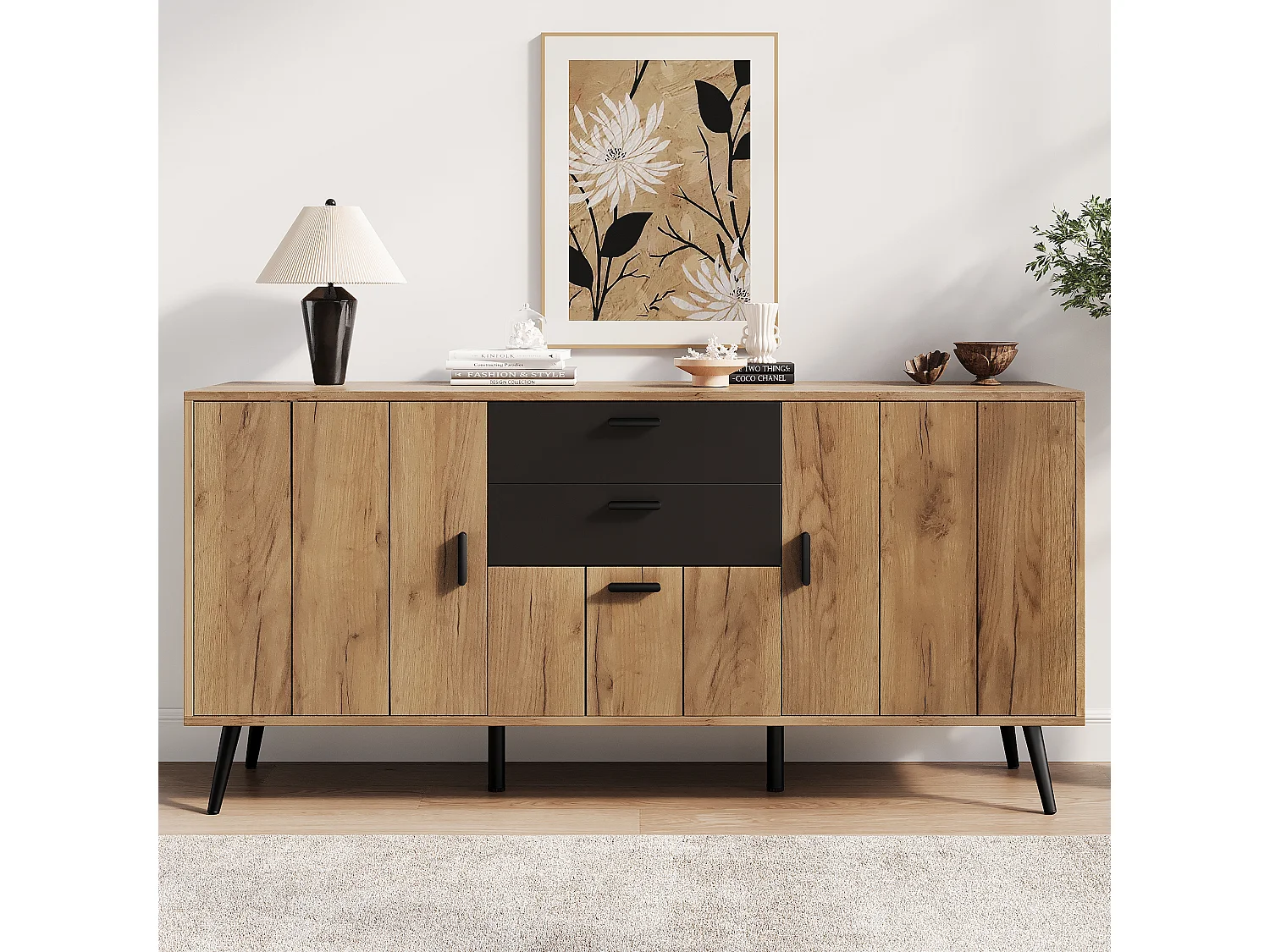 Buffet, Commode moderne 140 x 35 x 67 cm - Grand plateau - 2 tiroirs, 3 portes - MDF - Noir+naturel