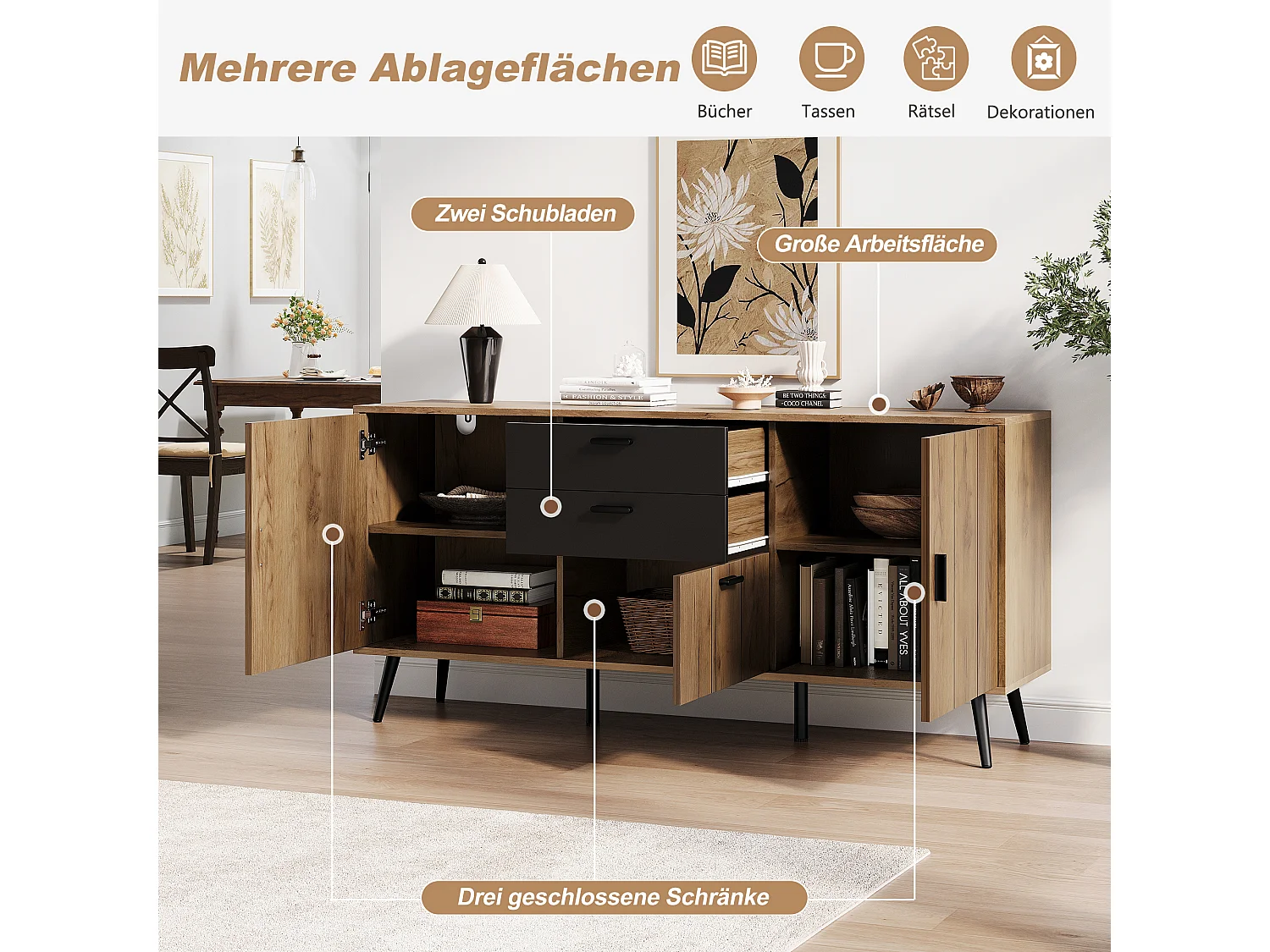 Buffet, Commode moderne 140 x 35 x 67 cm - Grand plateau - 2 tiroirs, 3 portes - MDF - Noir+naturel