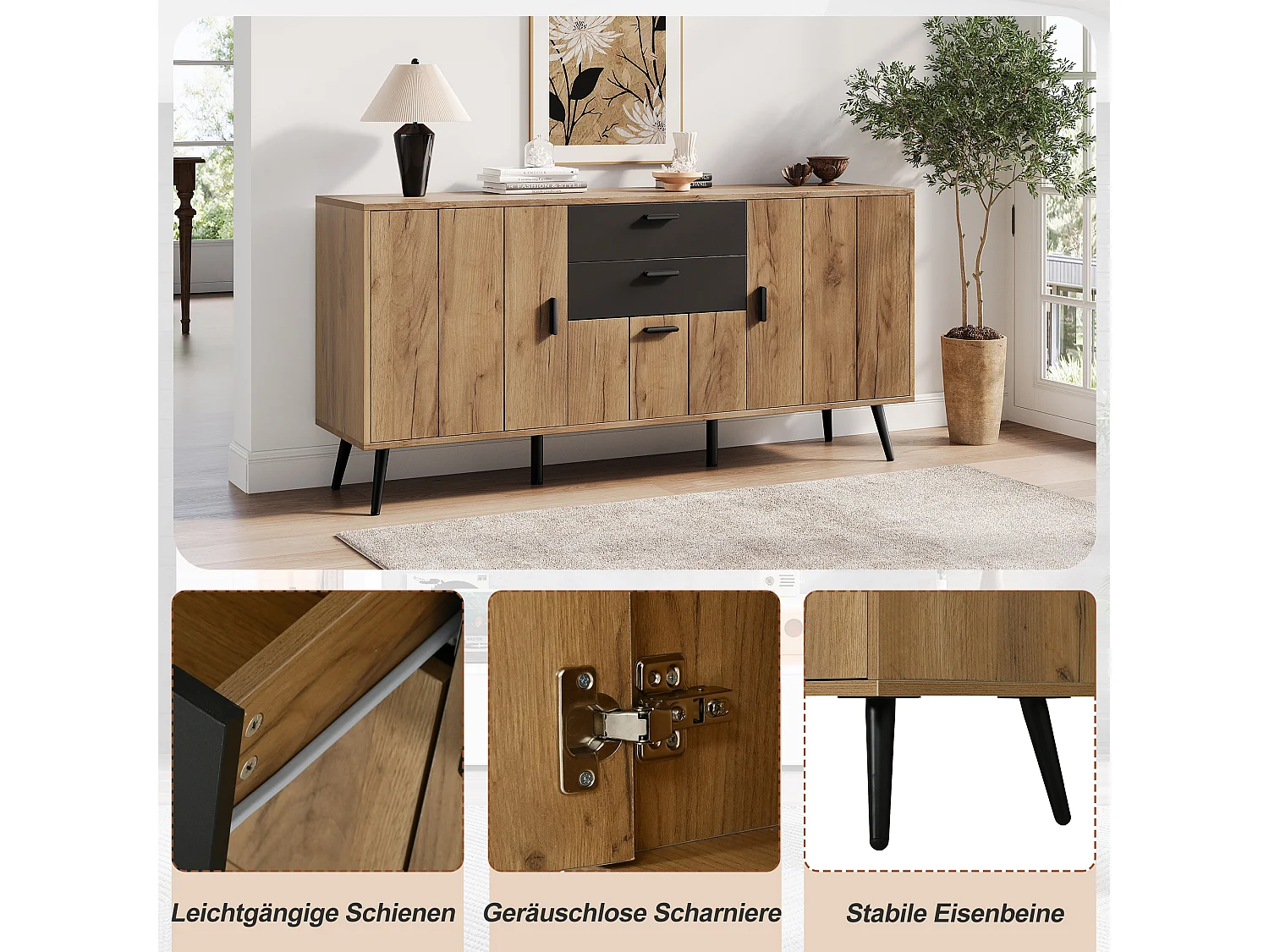 Buffet, Commode moderne 140 x 35 x 67 cm - Grand plateau - 2 tiroirs, 3 portes - MDF - Noir+naturel