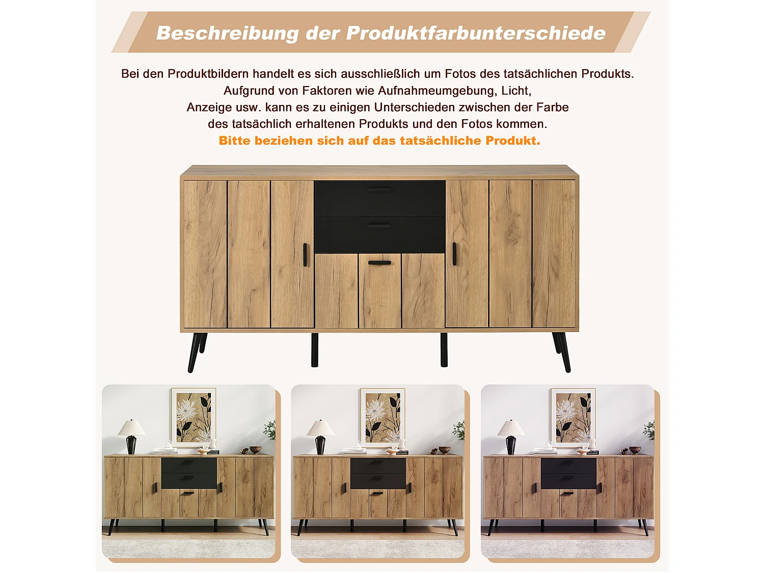 Buffet, Commode moderne 140 x 35 x 67 cm - Grand plateau - 2 tiroirs, 3 portes - MDF - Noir+naturel