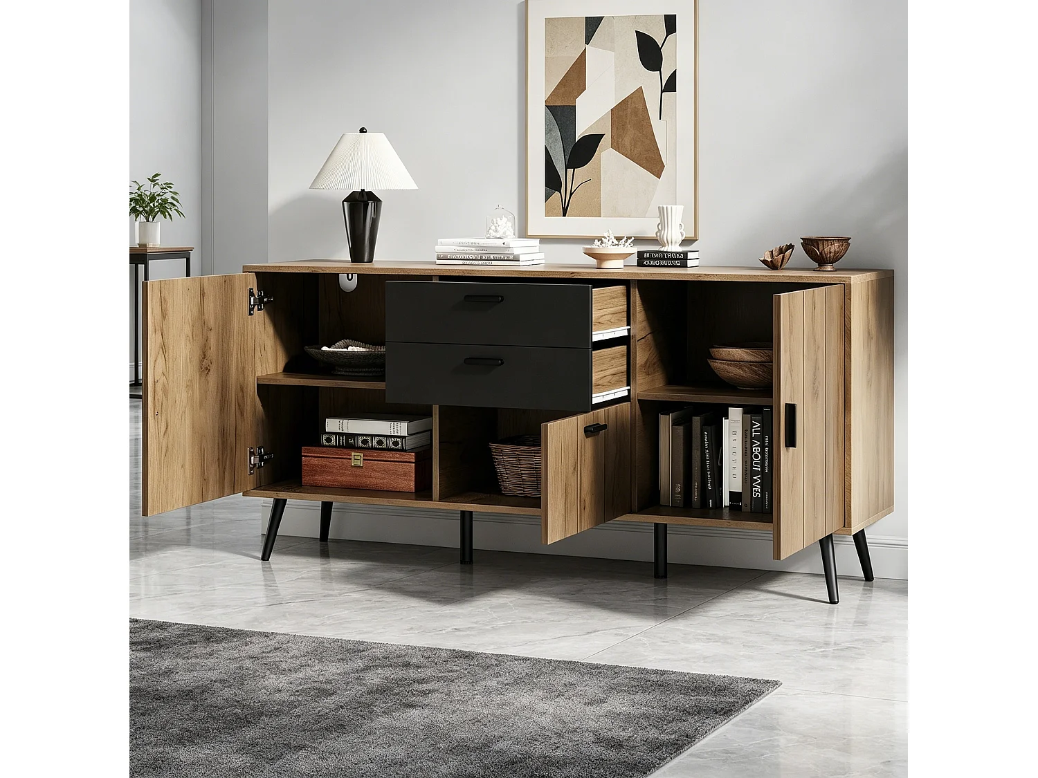 Buffet, Commode moderne 140 x 35 x 67 cm - Grand plateau - 2 tiroirs, 3 portes - MDF - Noir+naturel