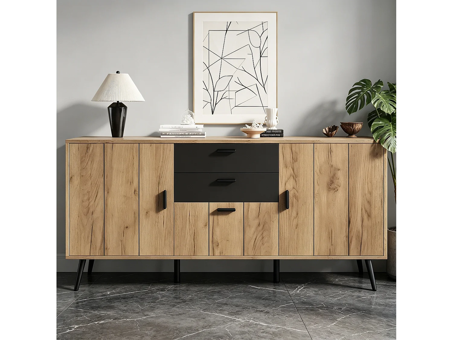 Buffet, Commode moderne 140 x 35 x 67 cm - Grand plateau - 2 tiroirs, 3 portes - MDF - Noir+naturel
