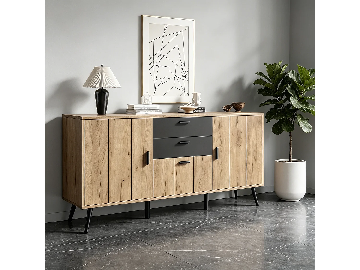 Buffet, Commode moderne 140 x 35 x 67 cm - Grand plateau - 2 tiroirs, 3 portes - MDF - Noir+naturel