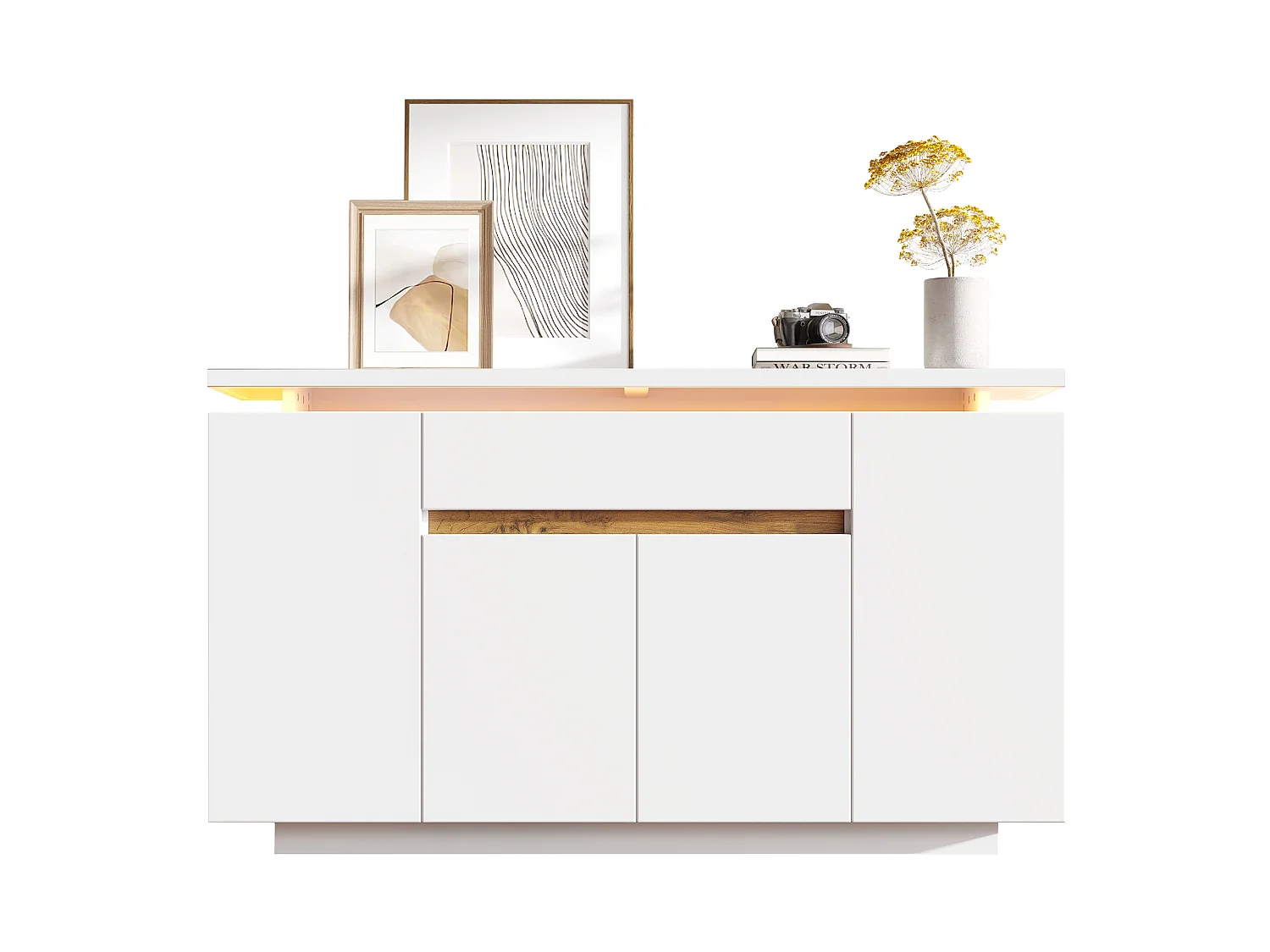 Modern sideboard 140x40x80cm - with LED lighting - with 1 drawer and 4 doors - with adjustable shelves - white