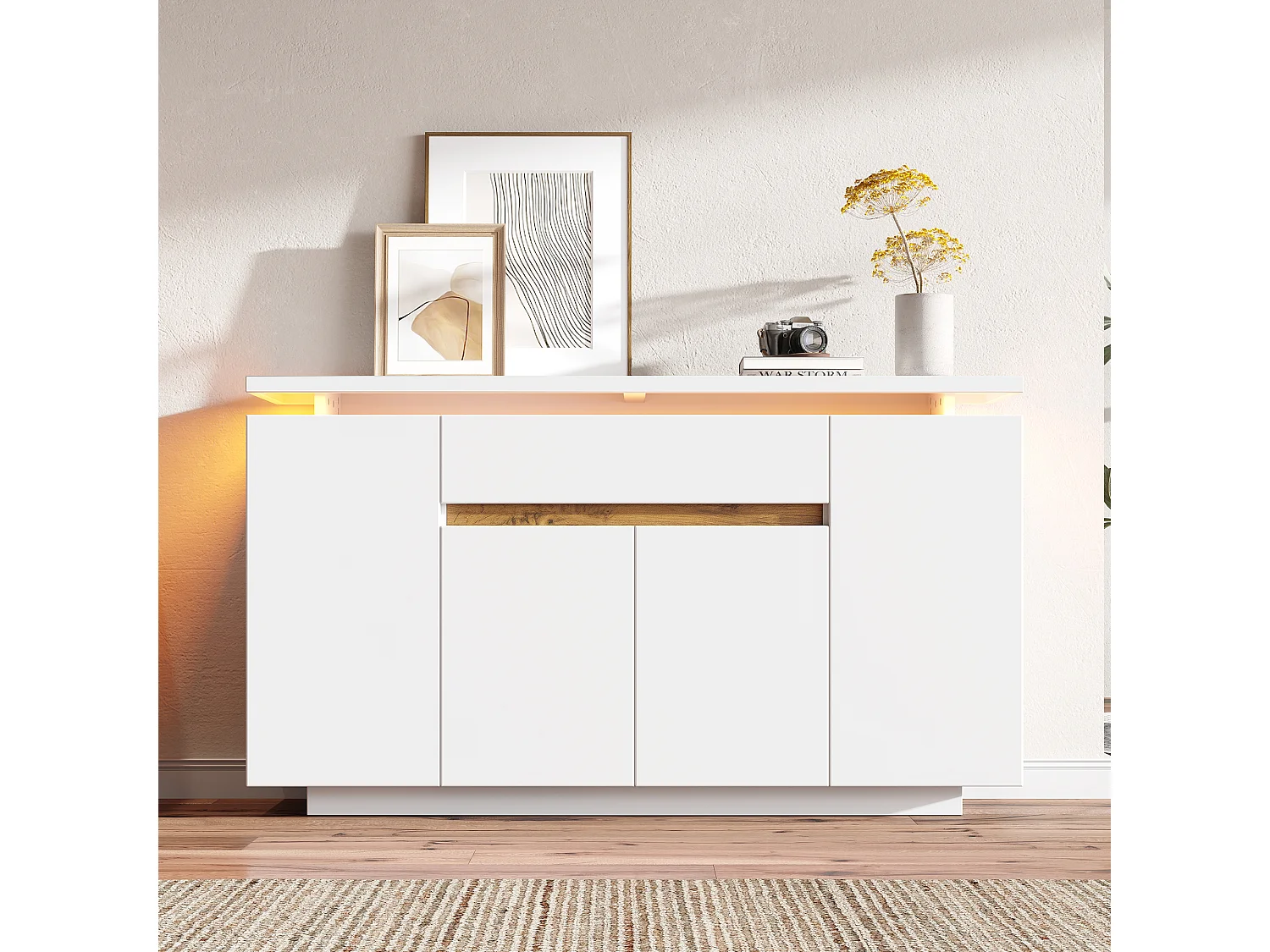Modern sideboard 140x40x80cm - with LED lighting - with 1 drawer and 4 doors - with adjustable shelves - white