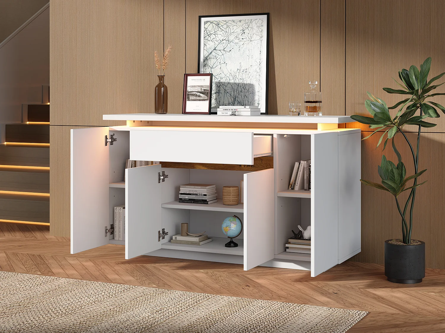 Modern sideboard 140x40x80cm - with LED lighting - with 1 drawer and 4 doors - with adjustable shelves - white