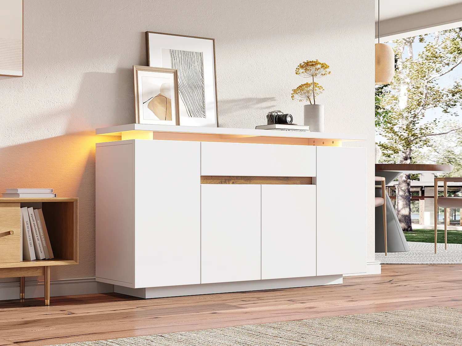 Modern sideboard 140x40x80cm - with LED lighting - with 1 drawer and 4 doors - with adjustable shelves - white