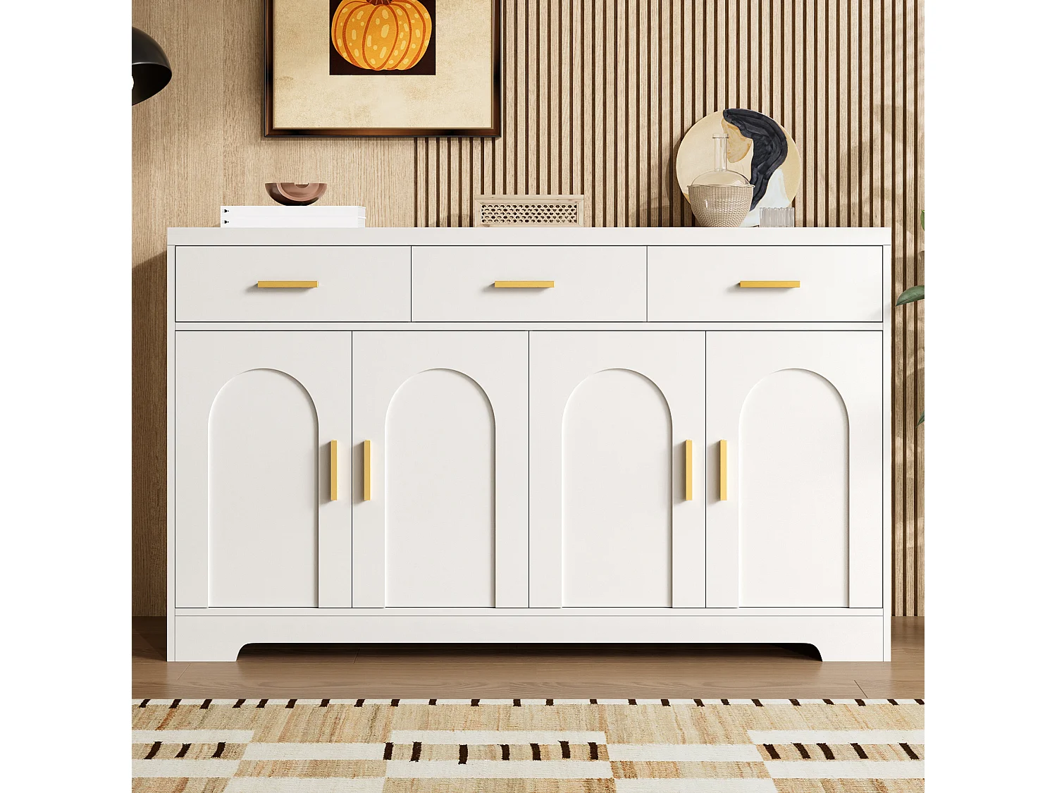Buffet moderne 140 x 40 x 83 cm - 4 portes cintrées et 3 tiroirs - Étagères réglables - MDF - Blanc