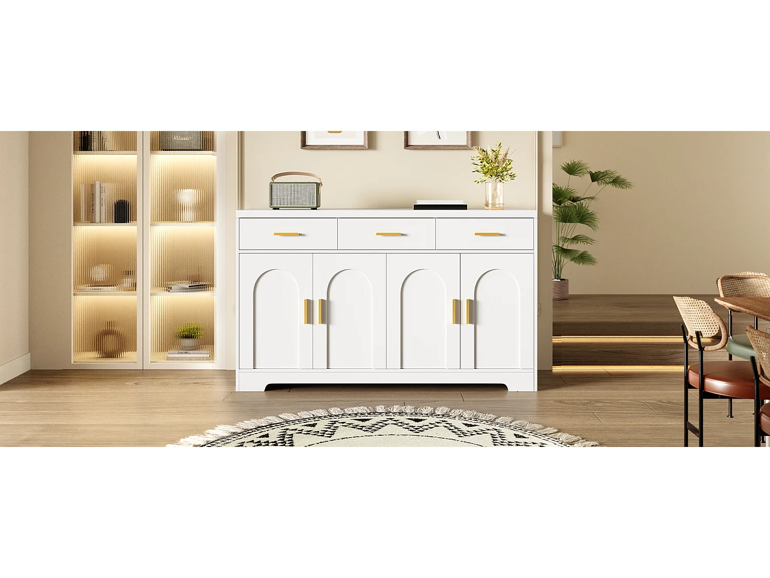 Buffet moderne 140 x 40 x 83 cm - 4 portes cintrées et 3 tiroirs - Étagères réglables - MDF - Blanc