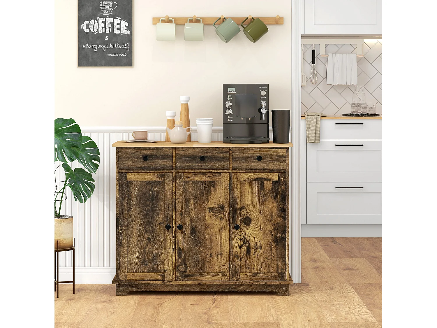 Vesudo Rustic Brown Sideboard 3 Doors 3 Drawers 2 Adjustable Shelves