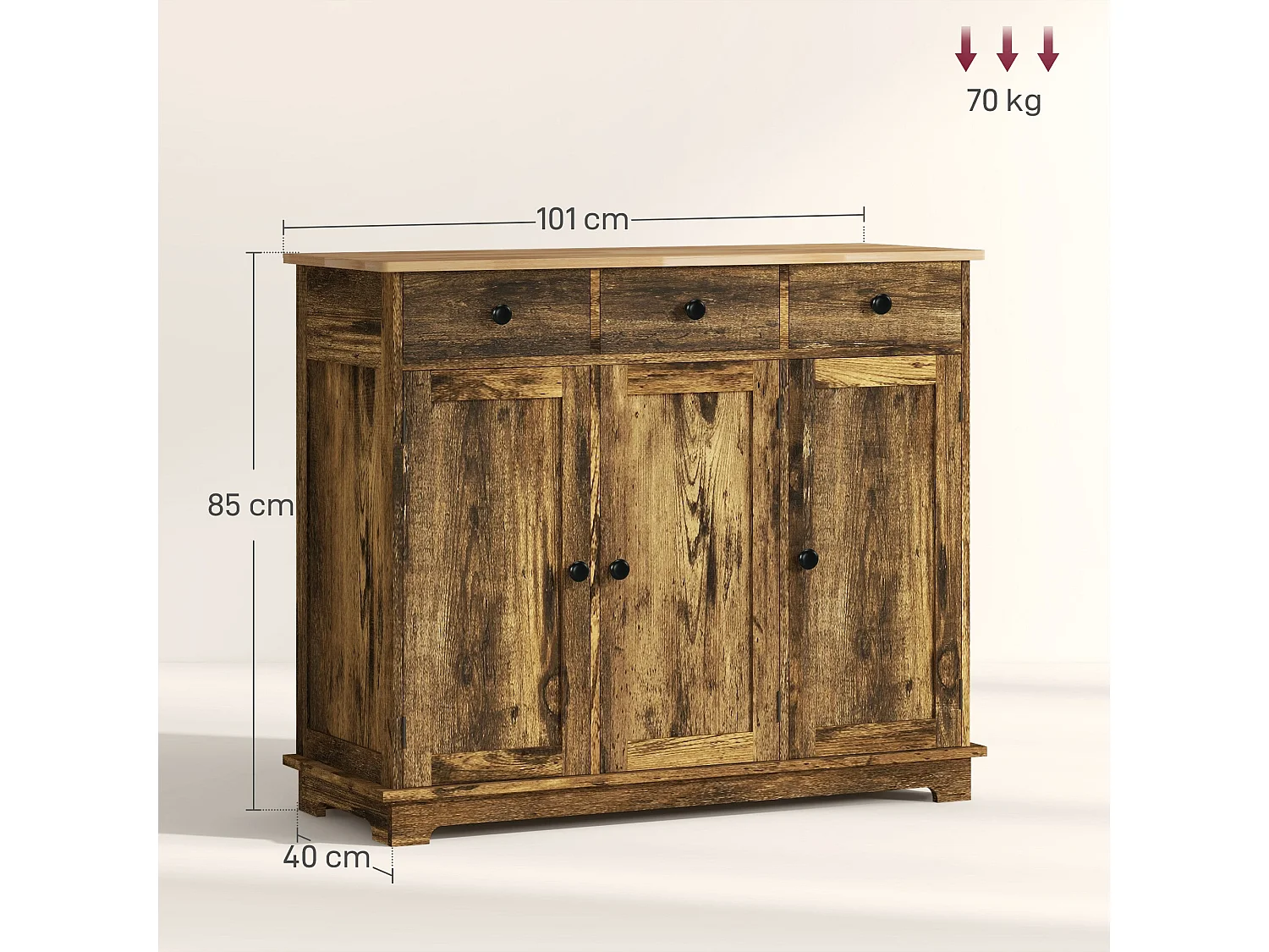 Vesudo Rustic Brown Sideboard 3 Doors 3 Drawers 2 Adjustable Shelves