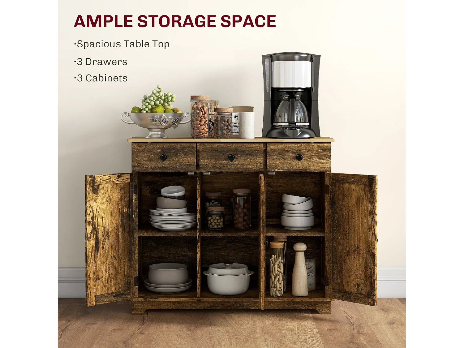 Vesudo Rustic Brown Sideboard 3 Doors 3 Drawers 2 Adjustable Shelves