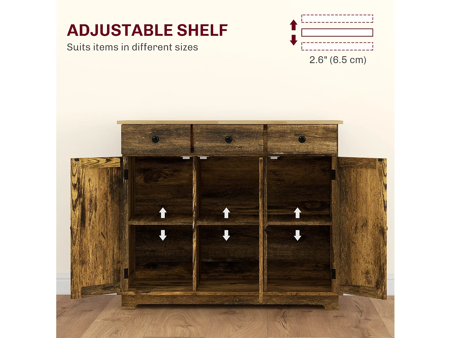 Vesudo Rustic Brown Sideboard 3 Doors 3 Drawers 2 Adjustable Shelves