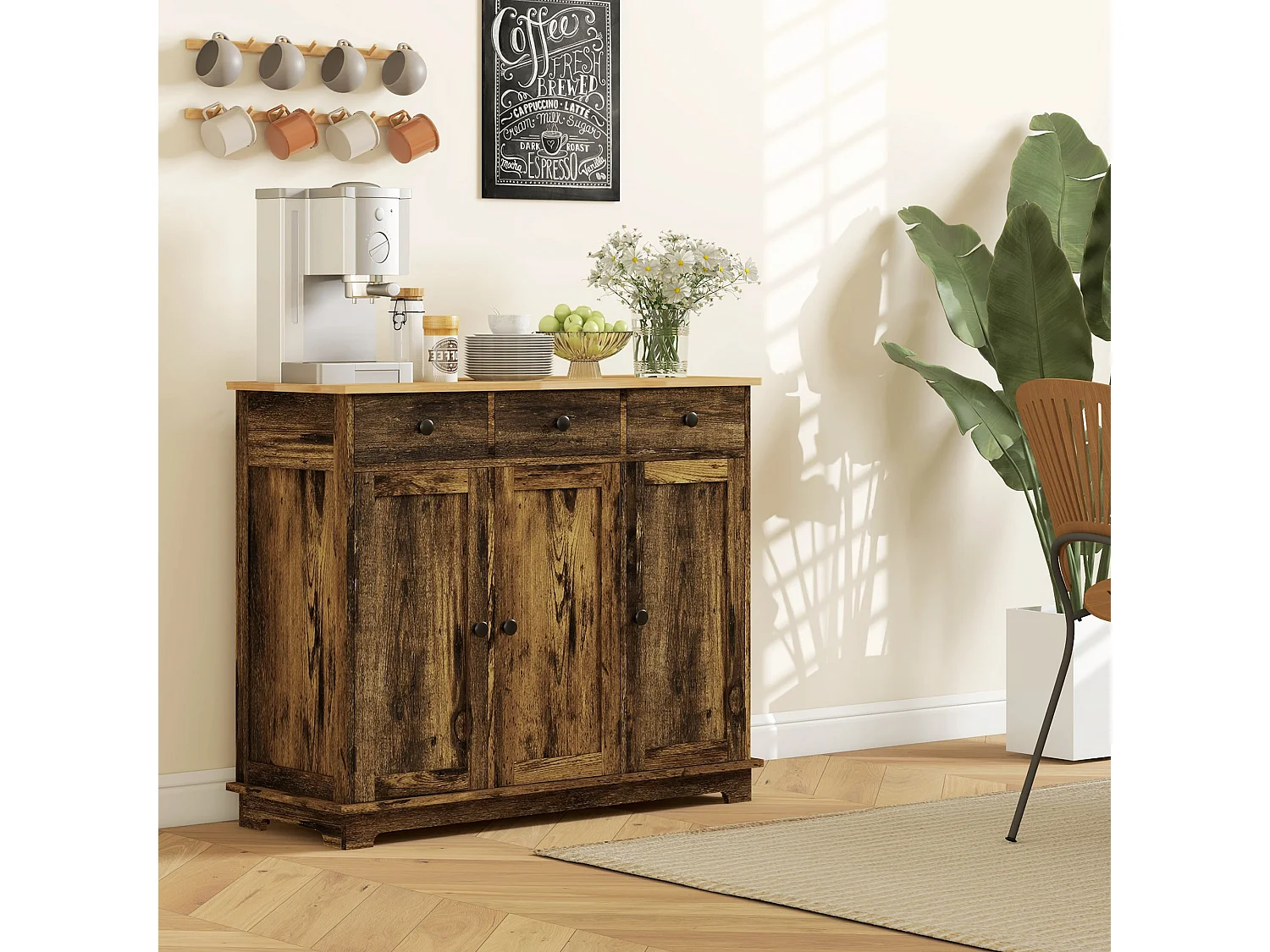 Vesudo Rustic Brown Sideboard 3 Doors 3 Drawers 2 Adjustable Shelves