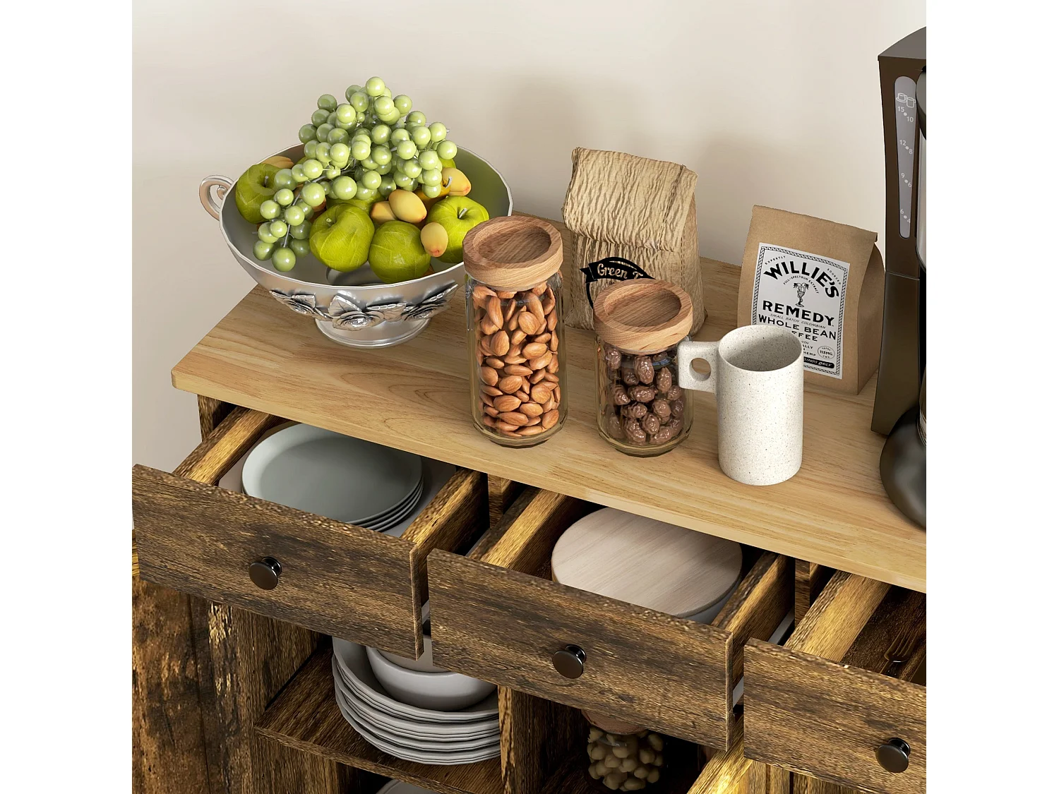 Vesudo Rustic Brown Sideboard 3 Doors 3 Drawers 2 Adjustable Shelves