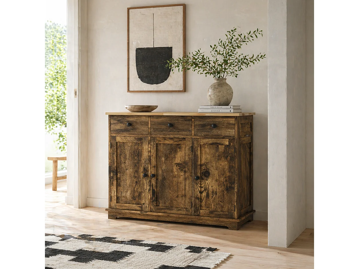 Vesudo Rustic Brown Sideboard 3 Doors 3 Drawers 2 Adjustable Shelves