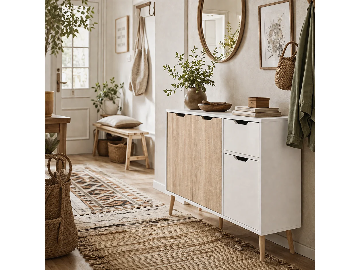 Surinam Natural Wood Effect Sideboard 2 Doors 3 Drawers 90 x 30 x 72cm