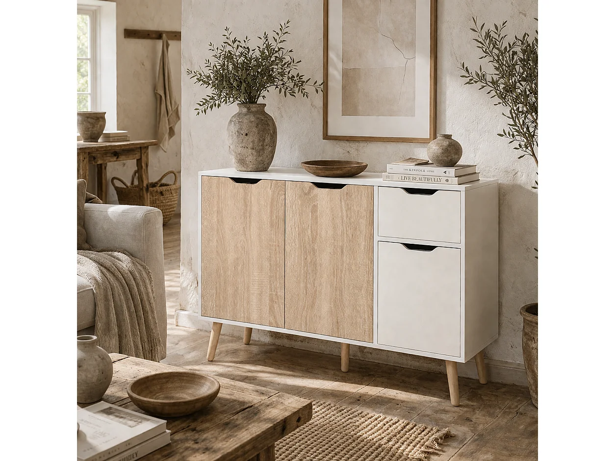 Surinam Natural Wood Effect Sideboard 2 Doors 3 Drawers 90 x 30 x 72cm