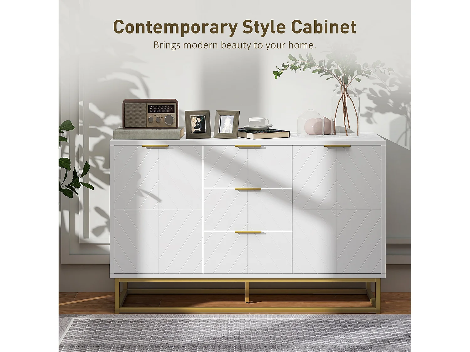 Luka White Sideboard 120cm 3 Drawers 2 Doors Gold Accents