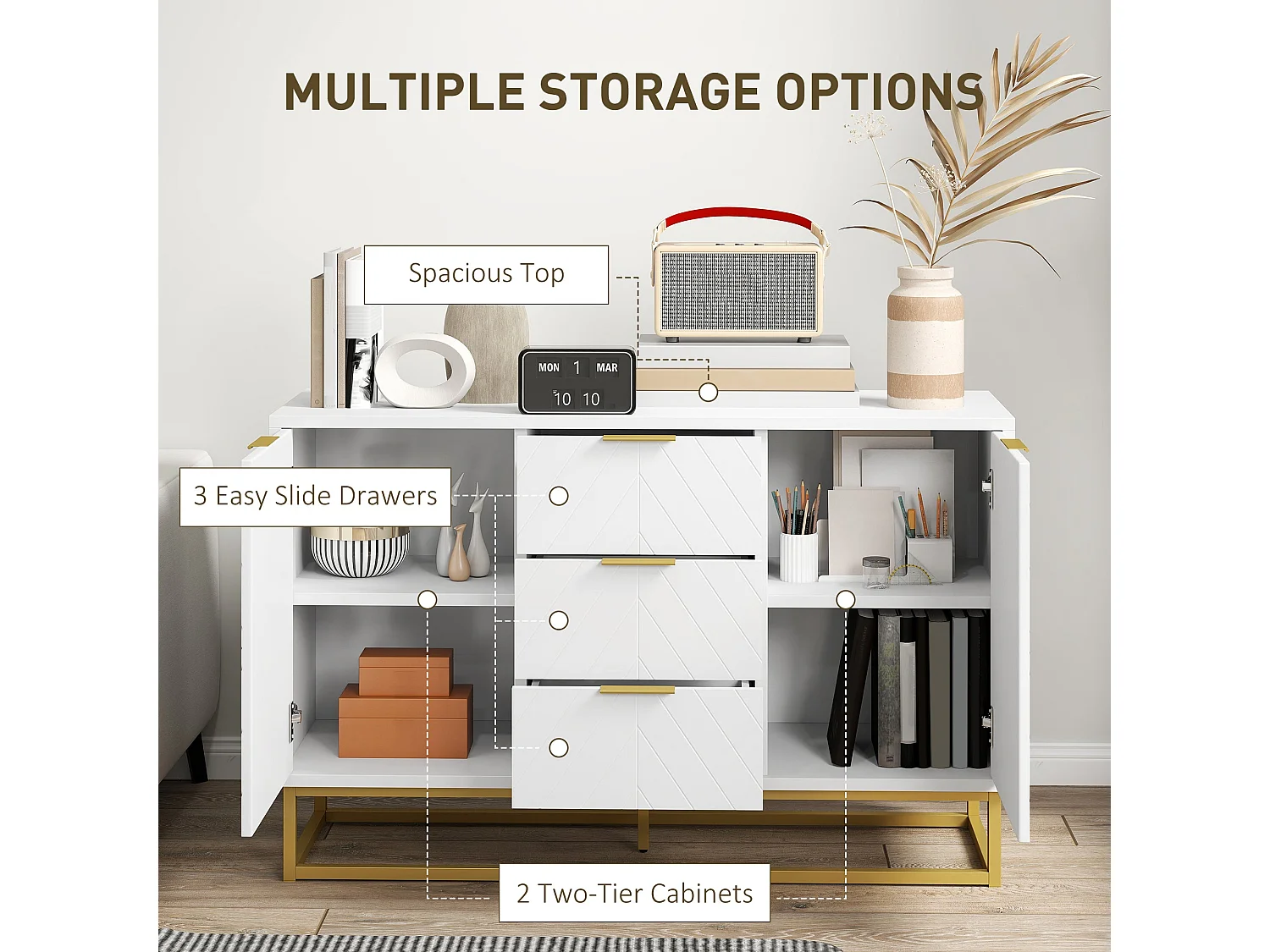Luka White Sideboard 120cm 3 Drawers 2 Doors Gold Accents