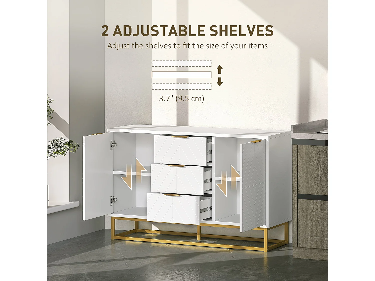 Luka White Sideboard 120cm 3 Drawers 2 Doors Gold Accents