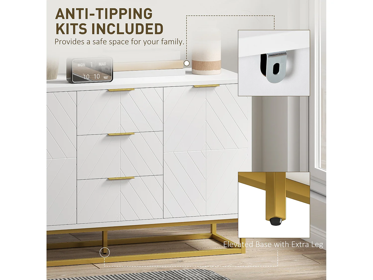 Luka White Sideboard 120cm 3 Drawers 2 Doors Gold Accents