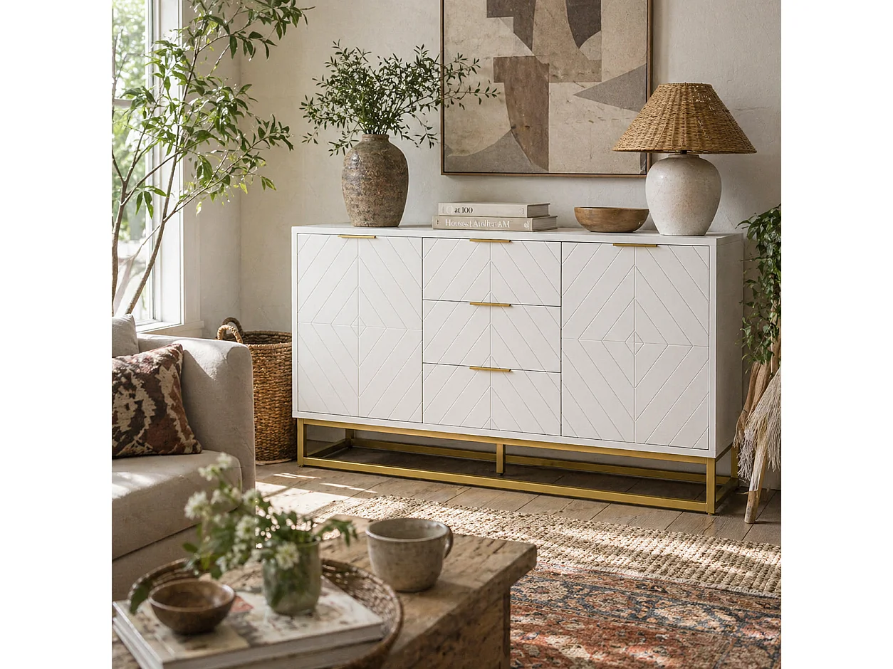 Luka White Sideboard 120cm 3 Drawers 2 Doors Gold Accents