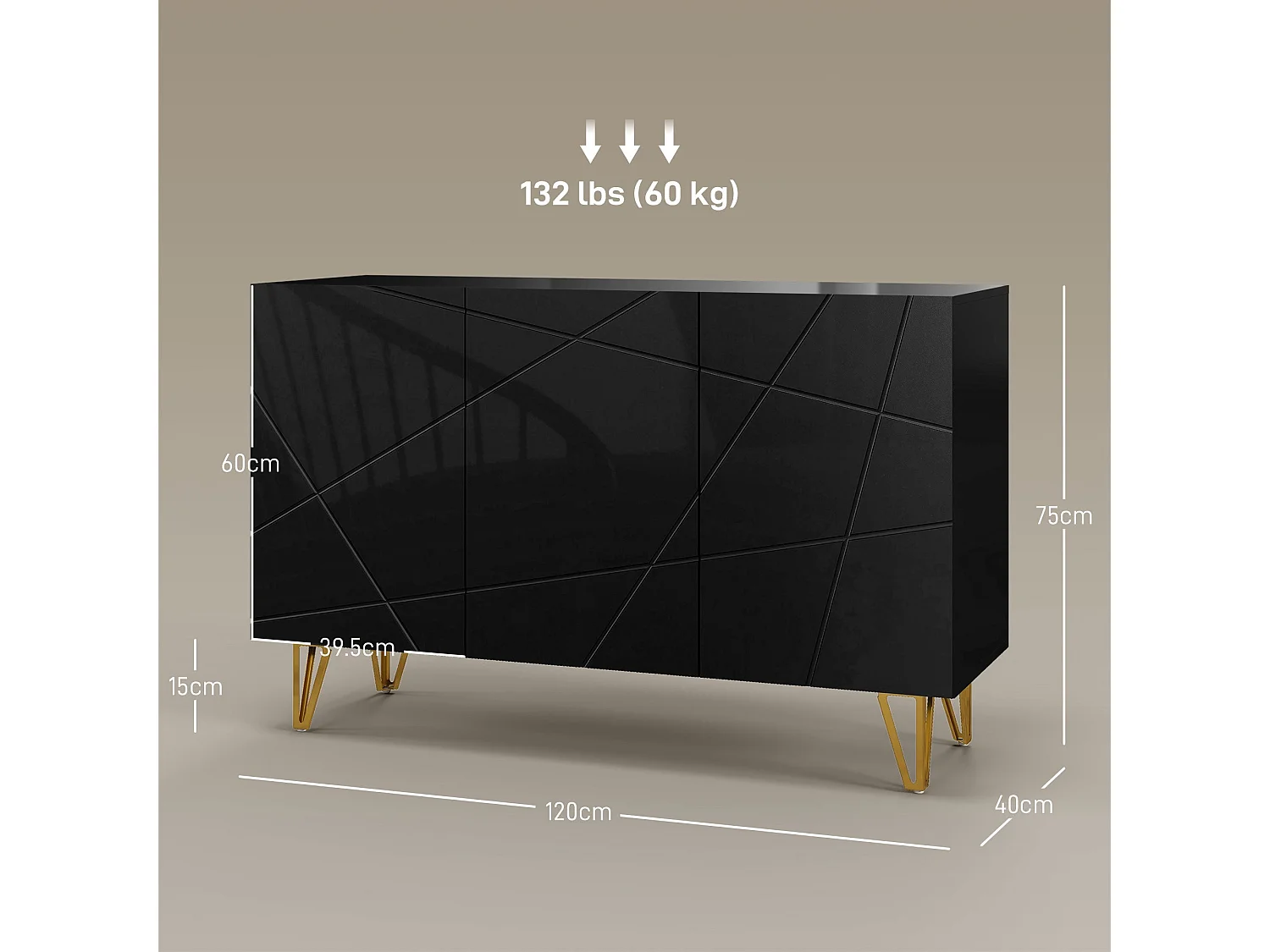Fayosa High Gloss Black Sideboard with Gold Hairpin Legs
