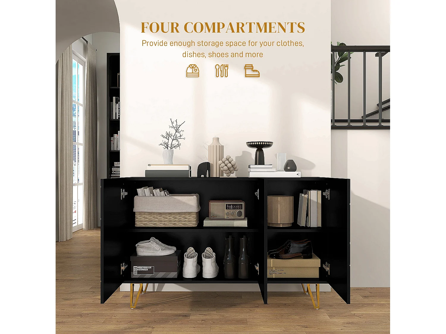 Fayosa High Gloss Black Sideboard with Gold Hairpin Legs